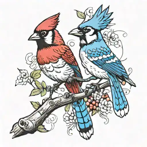 Blue Jay And Cardinal On A Branch