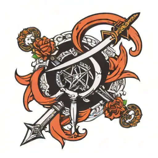 Two Swords Crossed And A Crescent Moon In The Background