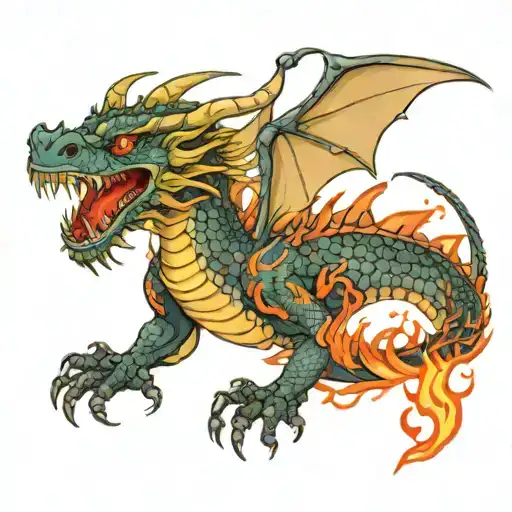 Dragon From Partak On The Leg Dragon Burns With Fire And From The Mouth Too Fire