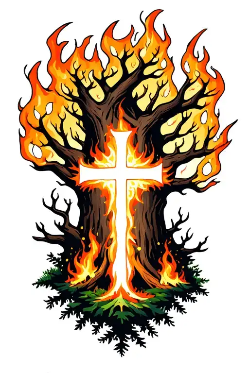 Burning Forest With White Cross In The Middle