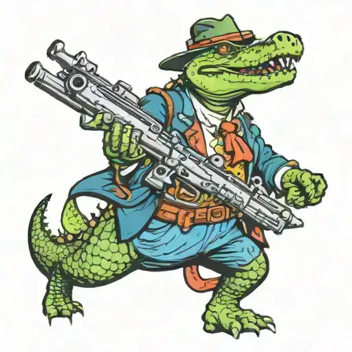 Crocodile Shooting Gun Dressed In Western Clothes