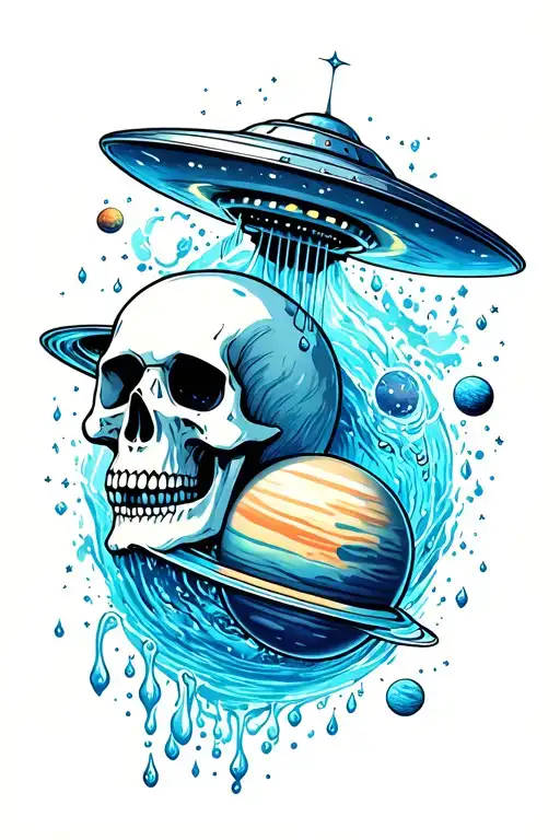 Water Into Space With Ufo Skulls And Planets