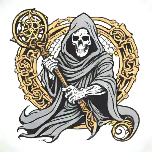 Grim Reaper Holding Karma Symbol Intertwined