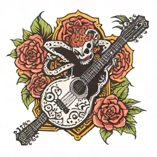 Tarantula Playing Flamenco Guitar And A Carnival Mask With Mayan Feathers