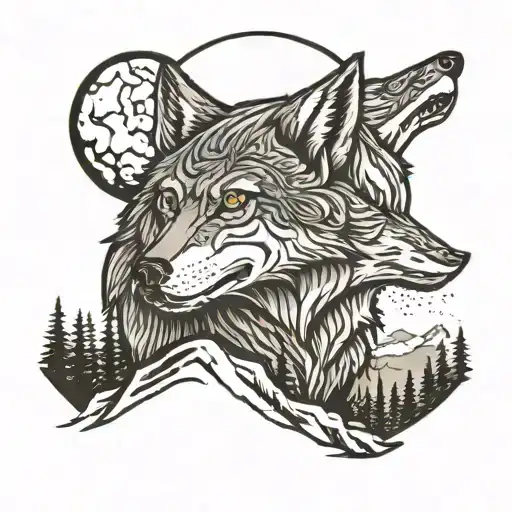 Wolf On Mountain Howling At Moon Background Forest And River Foreground