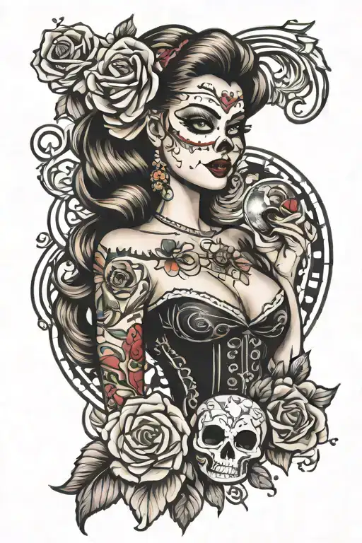 American Traditional Style Pinup Girl With Sugar Skull
