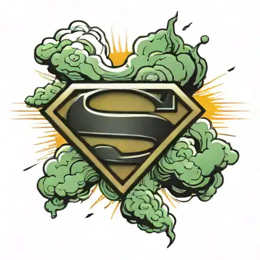 Superman Logo With Clouds And Sun Above It And Kryptonite Bellow It
