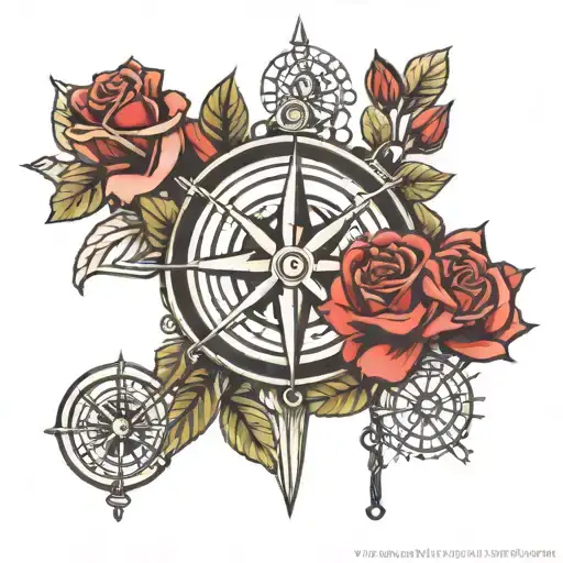 Nautical Compas With Red Roses Blooming