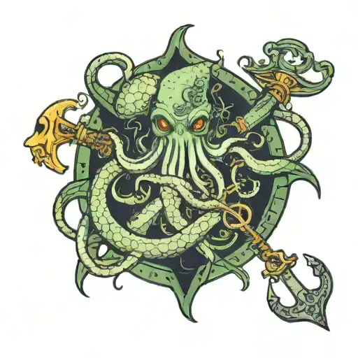 Cthulu Holding An Anchor With His Tentacle Wrapped Under The Deep Ocean