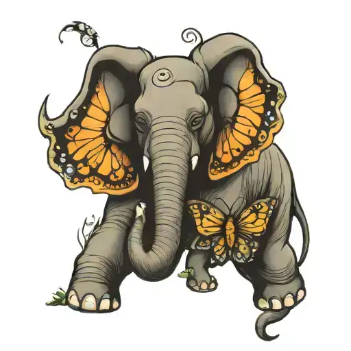 Elephant With Trunk Up And Butterfly Wings For Ears