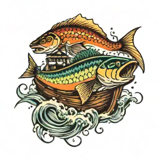 Hooked Fish With Boat And Rapids