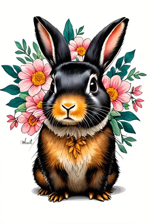 Black Otter Netherland Dwarf Rabbit In Flower Frame