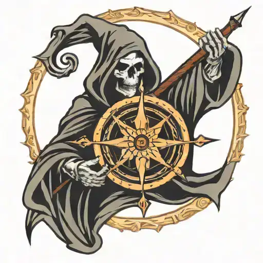 Grim Reaper Holding Karma Symbol And Compass