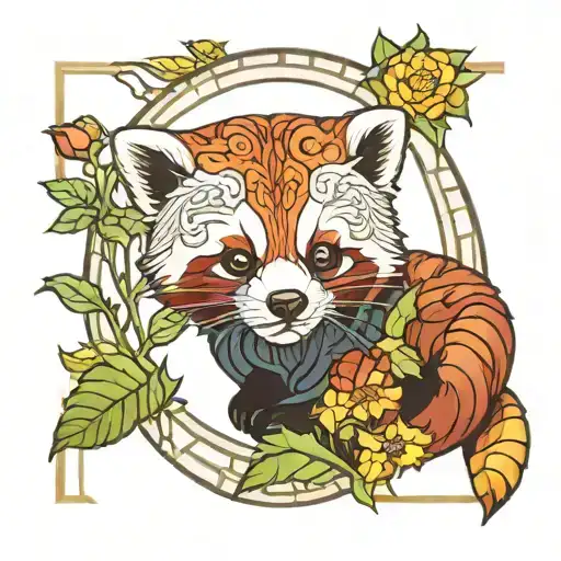 Stained Glass Window Red Panda With Sunflowerr