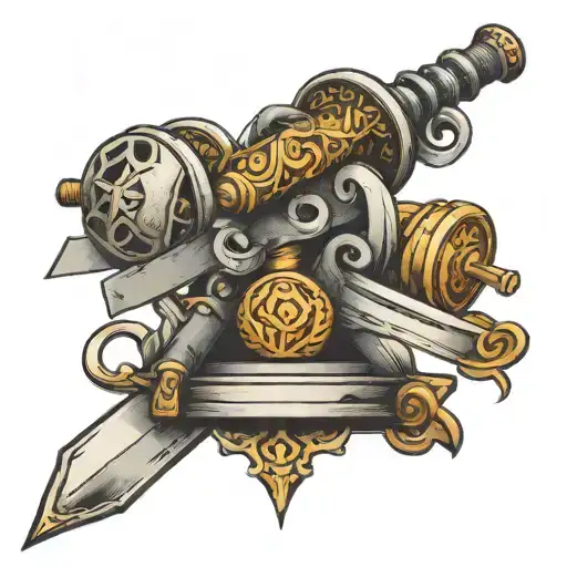 Sword Resting On Top Of A Balance Full Of Weights