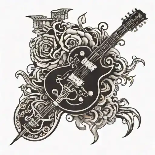 Gibson Guitar Electric Black And White With Staff Symbols Around