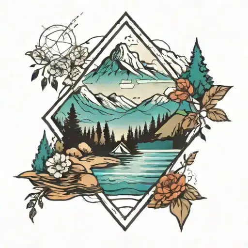 Diamond Shaped Landscape Tattoo Featuring Mountains And A Lake