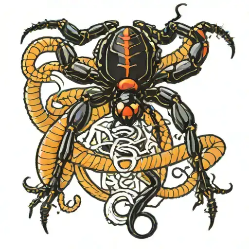 A Giant Black Widow Spider With The Number 6 On Its Back With A Black Mamba Snake Around It