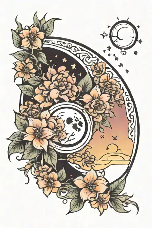 Cresent Moon With Flowers And Sunset Background