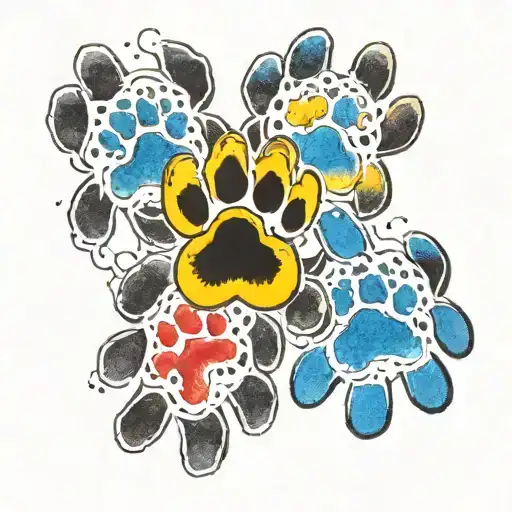 3 Black Paw Prints With Yellow Blue And Red Watercolour
