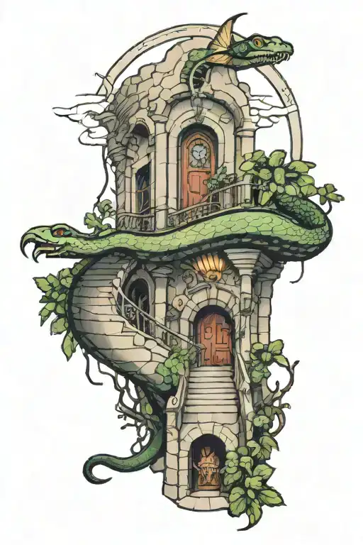 Stairwell Into Archway With A Snake In A Plane Popping Out