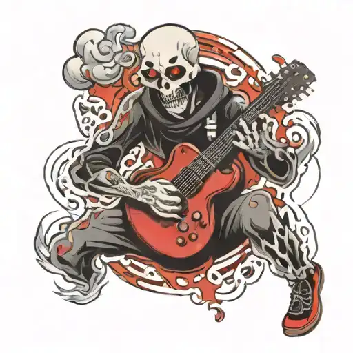 A Ghostly Figure With Red Eyes Playing A Guitar Surrounded By Smoke And Music Notes