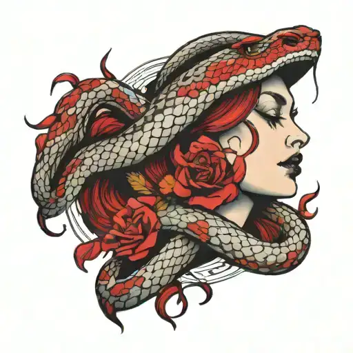 Snake And Woman Face Red
