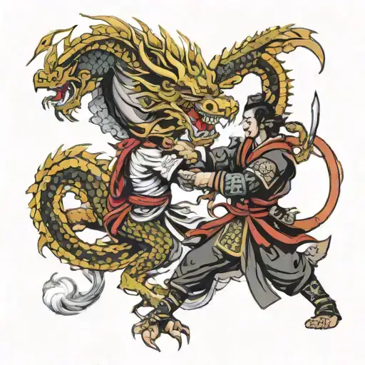 Samurai And Dragons Fighting Each Other