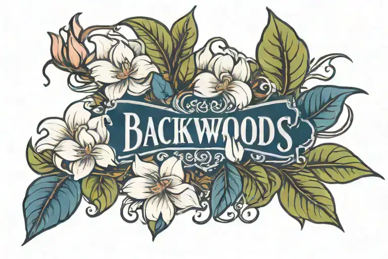 Dark Blue Backwoods Logo With Magnolias Growing Along It