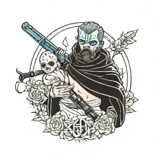 A Man With A Lightsaber Wearing His Birthday Suit Holding A Dead Child