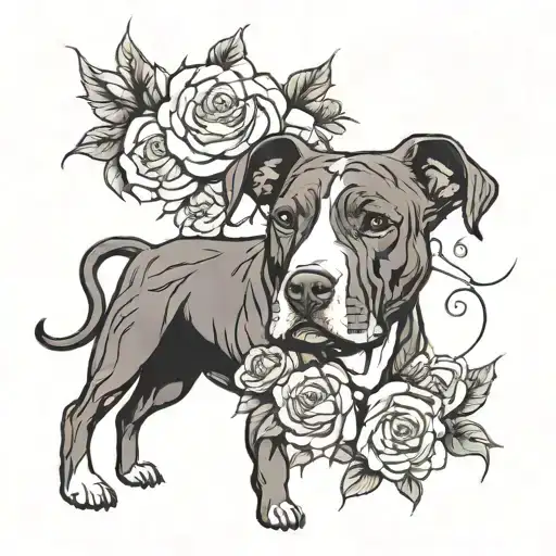 Pitbull With Roses And Flowers Growing