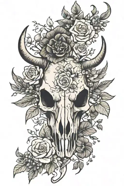 Simple Bull Skull With January And September Birth Flower By Horns Make Feminine