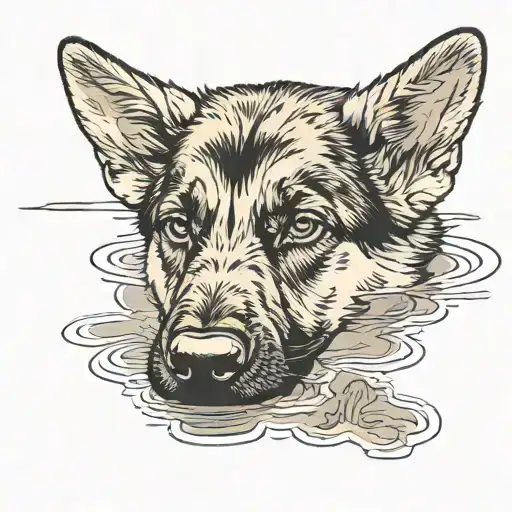 German Shepherd Puppy Looking Through Water Puddle Reflection To See Herself As Grown Up