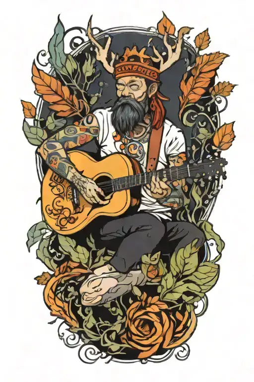 A Shaman Playing A Guitar Surrounded By Leaves And Magic