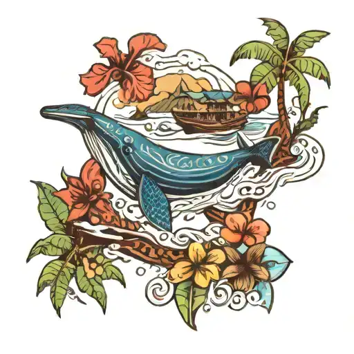 Mo'orea Island With Whale And Shark In Water