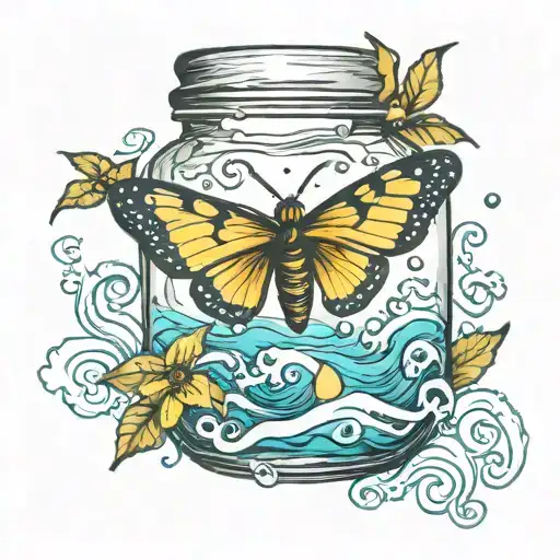 Butter Fly Trapped In A Jar In The Ocean Waves
