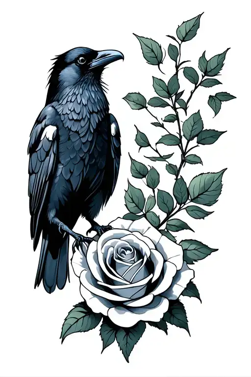 Raven Perched In Front Of A Rose