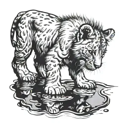 Lion Cub Looking In Puddle Of Water And The Reflection Of A Grown Lion Sketch