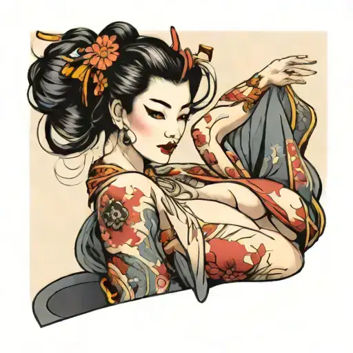 Risque Geisha Baring Her Breast And Bare Shoulder Tattoo From A Side Angle