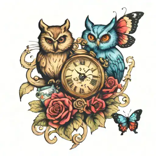 Alice And Wonderland At Tea Time Inspired With Clock And Bear Owl And Butterfly