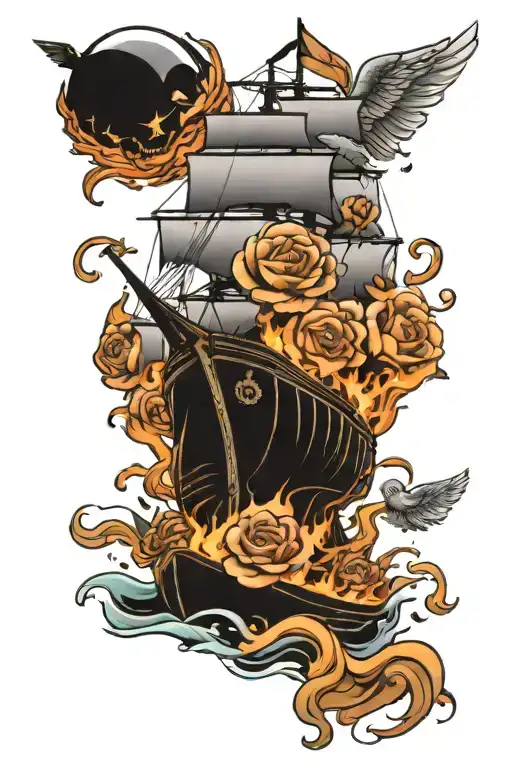 Black Pearl Ship Burning That Has Some Roses And Angels