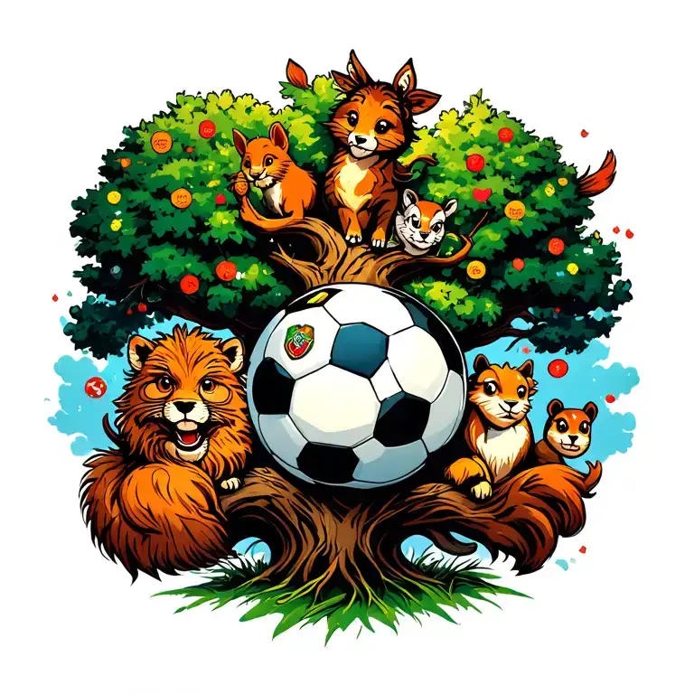 A Big Soccer Tree With A Bunch Of Different Animal Characters On It Around It