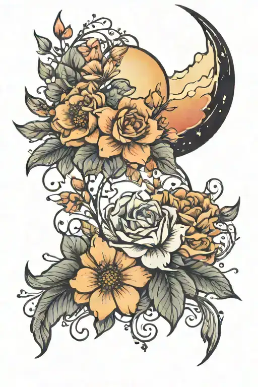 Cresent Moon With Flowers And Sunset