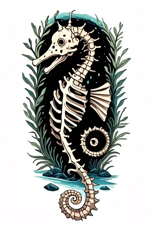 Seahorse Skeleton With Seaweed And Rocks In The Background And Other Sea Creatures