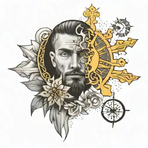 Man Realistic Tatoo With Half Sun And Half Snowflake