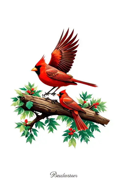 Female Cardinal Flying Towards Male Cardinal On Tree Banch