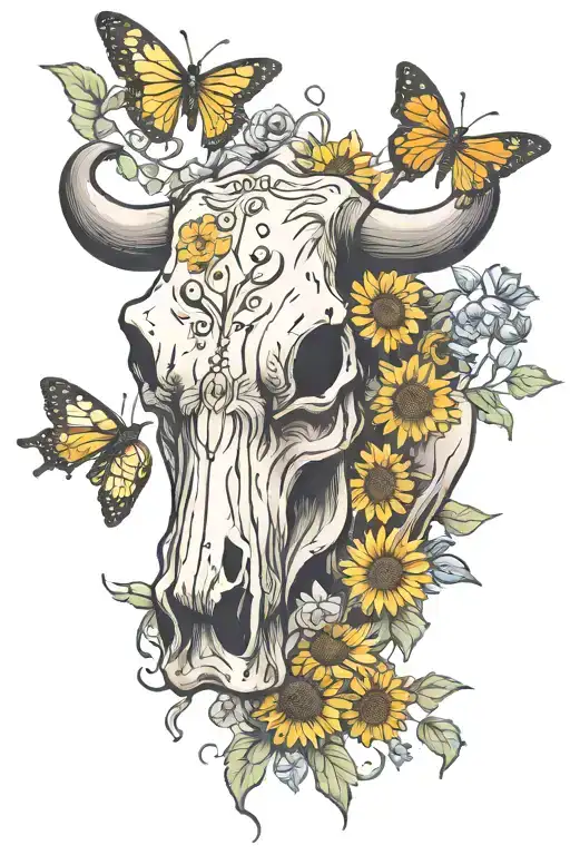 Cow Skull With Sunflowers And Butterflies Fluttering