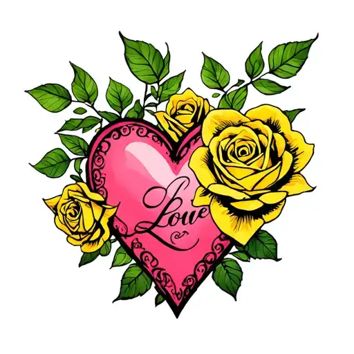 Pink Heart With Love Paula Yellow Roses