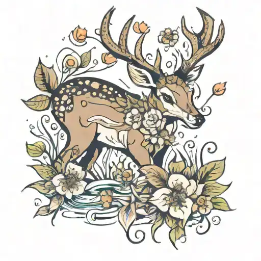 Deer And Flowers And Fish Swimming
