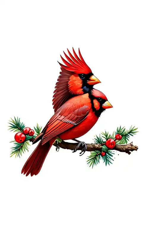 Female Cardinal Flying Towards Male Cardinal Perched